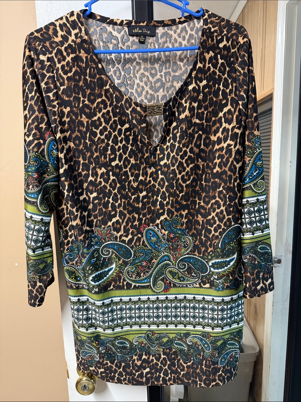 Melissa Paige Leopard & Paisley V-Neck Tunic Dress - Brown, Green, Blue